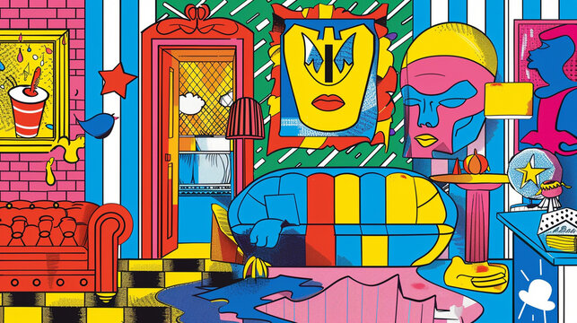 A vibrant Pop Art composition featuring bold colors, graphic patterns, and iconic imagery from popular culture