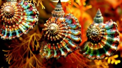 Fototapeta premium Three seashells dangling on Christmas tree, full moon in sky, center image