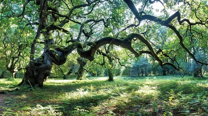   A towering oak stands tall amidst a sea of green trees, commanding attention in the heart of the forest