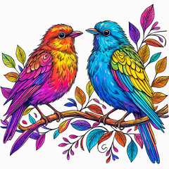 Obraz premium Two colorful birds, one red and the other blue, perched on a branch with leaves of various colors.