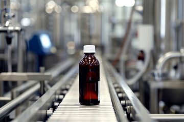 The dark brown bottle with a white cap is sharply in focus on the conveyor belt, highlighting its clean and pristine appearance. The blurred background of the advanced packaging fa