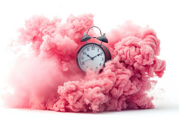 old analog clock with pink explosive smoke representing time running out