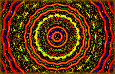 Abstract, concentric circles create a hypnotic effect with a pixelated digital aesthetic. The use of bright, contrasting colors enhances the psychedelic vibe of the pattern.