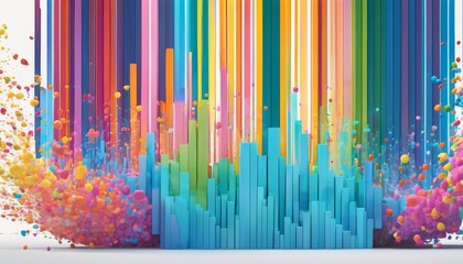 Vivid and dynamic abstract art featuring a multitude of colorful vertical stripes transitioning into a 3D cityscape with rising structures and vibrant splashes.. AI Generation