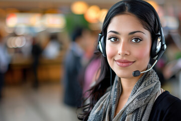 Professional, cheerful customer support representative wearing a headset with microphone in a busy call center environment, offering help with a smile