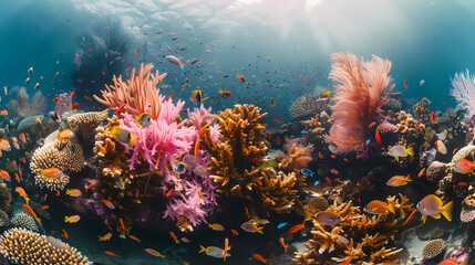 A colorful coral reef with many fish swimming around it