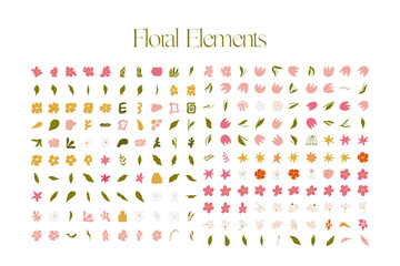 Simple abstract hand drawn various shapes and doodle botanical nature flowers and leaves objects contemporary modern trendy vector elements illustration. Modern organic floral set. Spring collection
