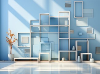 Interior of modern living room with blue walls, wooden floor, shelves with books and decorations.