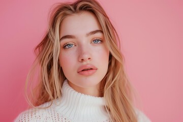 closeup portrait of pretty young woman in white outfit on pink background