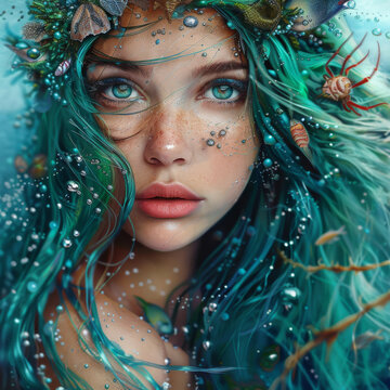 Enchanting Mermaid portrait with turquoise hair with Shells, Crabs, and Fish in Her Hair. Generative AI