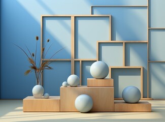 Interior of modern living room with blue walls, wooden floor, shelves with books and decorations.