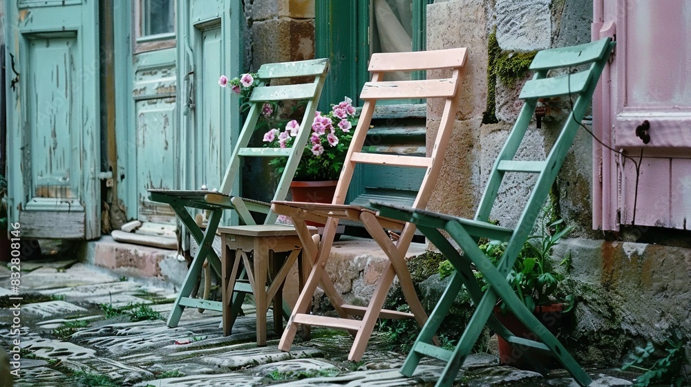 Sticker   Two wooden chairs sit together on a cobblestone street in front of a building