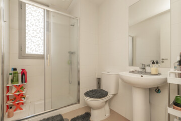 Bathroom with transparent sliding screen and white porcelain toilets and frameless mirror on the...