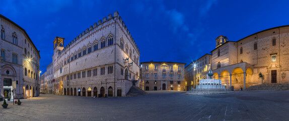 Perugia - The main square of the old town - Piazza IV Novembre at dusk.