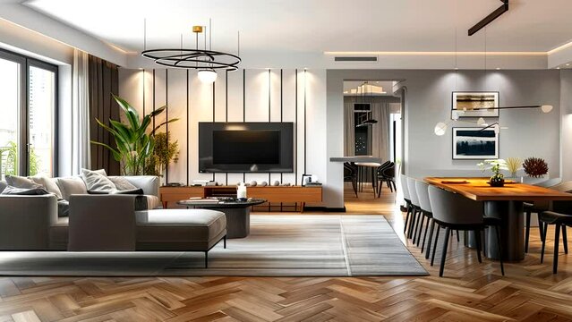 Modern Living Room And Dining Room With Television Set And Parquet Floor. seamless looping time-lapse virtual 4k video animation background