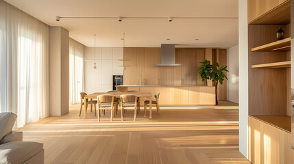 A large open living room with a wooden floor and a kitchen with a stove and oven