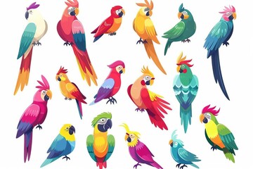 colorful collection of friendly parrot characters cartoon exotic birds with vibrant feathers