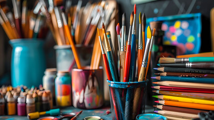 Obraz premium A table full of art supplies including paint, brushes, and water