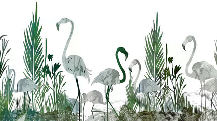 Obraz premium Flamingo group in marsh with tall grass and white sky