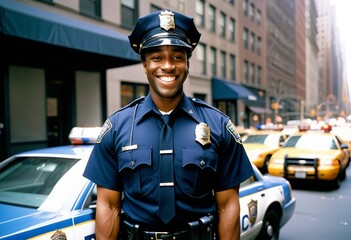 Obraz premium African American with smile NYPD police officer in New York. NYPD is the largest police force in the United States. 