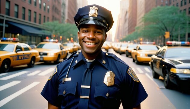 African American with smile NYPD police officer in New York. NYPD is the largest police force in the United States.
