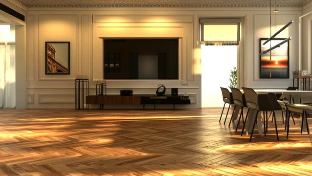 Modern Living Room And Dining Room With Television Set And Parquet Floor. seamless looping time-lapse virtual 4k video animation background
