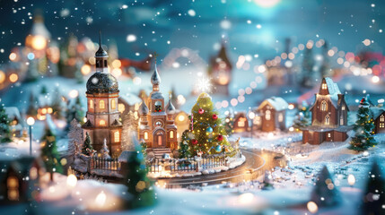 Obraz premium A festive Christmas scene featuring a town with a glowing Christmas tree surrounded by snow-covered buildings