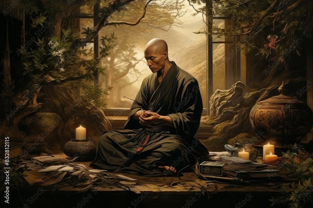 Poster A solemn and disciplined monk, mastering martial arts and achieving inner harmony. - Generative AI