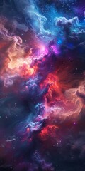 This image captures a vibrant nebula with swirling clouds of gas and dust in shades of blue, purple, pink, and orange, illuminated by distant stars, set against the dark backdrop of deep space.