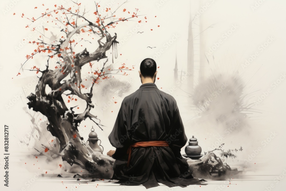 Poster A solemn and disciplined monk, mastering martial arts and achieving inner harmony. - Generative AI