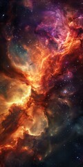 Fototapeta premium This image shows a vibrant nebula with fiery hues of orange, yellow, and red, swirling patterns of gas and dust, illuminated by stars, set against the dark, star-studded background of space.