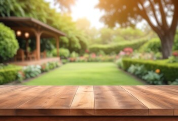 empty wooden table against background of backyard garden of country house