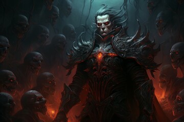 Obraz premium A powerful and fearsome necromancer, commanding legions of undead minions. - Generative AI