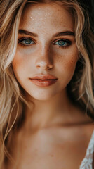 Obraz premium A detailed view of a womans face showing prominent freckles scattered across her skin