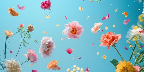 Naklejka premium An array of beautiful flowers and petals suspended in the air with a bright blue sky backdrop, symbolizing joy and nature's beauty.