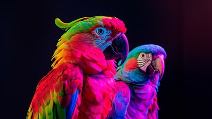 Close-up of two macaw parrots with colorful plumage illuminated by dynamic, vibrant lighting against a dark background.