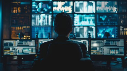 Professional Office Specialist Working on Desktop Computer in Modern Technological Monitoring Control Room 