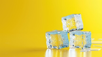 Three ice cubes, isolated on Yellow background
