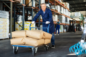 Elderly man in uniform working in warehouse with cart loaded with bags