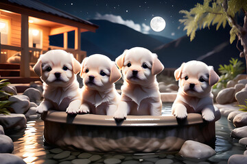 Cute puppies enjoying outdoor hot springs at night.