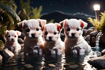 Cute puppies enjoying outdoor hot springs at night.