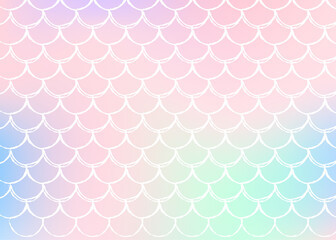 Gradient scale background with holographic mermaid. Bright color transitions. Fish tail banner and invitation. Underwater and sea pattern for girlie party. Plastic backdrop with gradient scale.