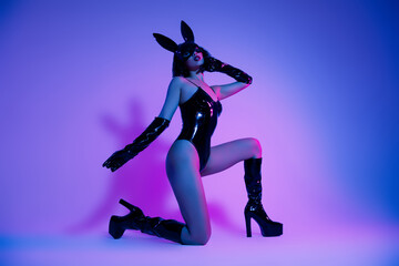Photo of elegant girl in black leather rabbit bodysuit stand on knee feel passion isolated neon...