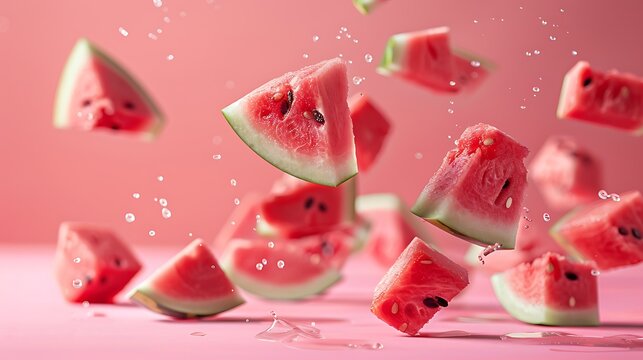 Levitating watermelon cutted pieces separated against magenta background in professional studio photography with hyperrealism minimalism and high detailed