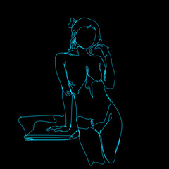 line art of a glowing blue line of a woman standing next to a table on a black background