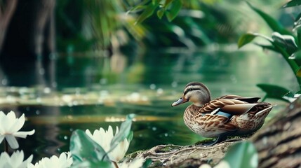   Duck on log near body of water with white flowers and green background - Powered by Adobe