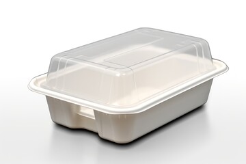 Plastic food container mockup. 3D illustrator Clear Plastic container with lid for food. Plastic Food Packaging Tray. Plastic disposable food container mockup, template. Food storage.