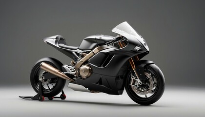 Fototapeta premium black racing Superbike, headlights on, side view, isolated grey background, 