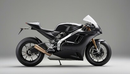 black racing Superbike, headlights on, side view, isolated grey background, 
