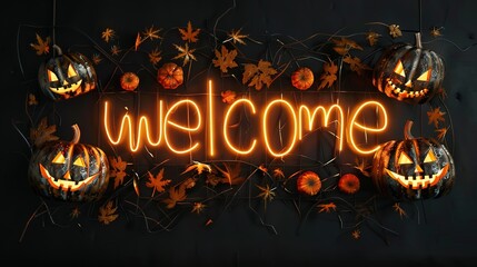 A festive Halloween welcome sign with glowing jack-o'-lanterns and autumn leaves